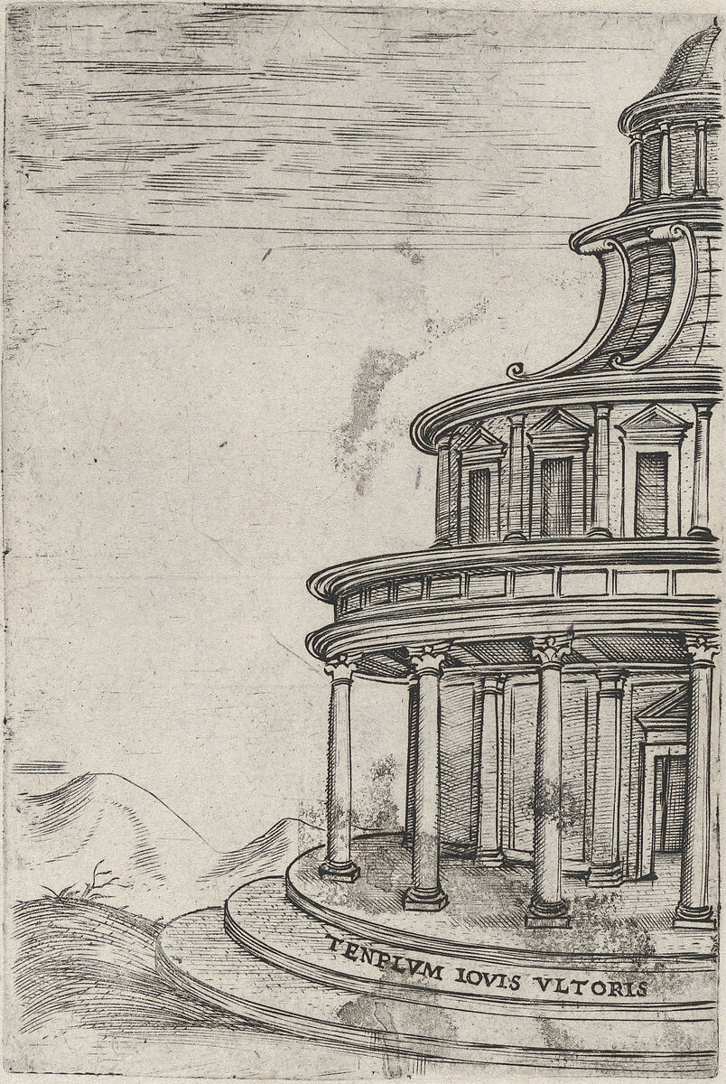 Tenplum (sic) Iovis Ultoris, from a Series of 24 Depicting (Reconstructed) Buildings from Roman Antiquity, Anonymous, Italian, 16th century, Engraving 