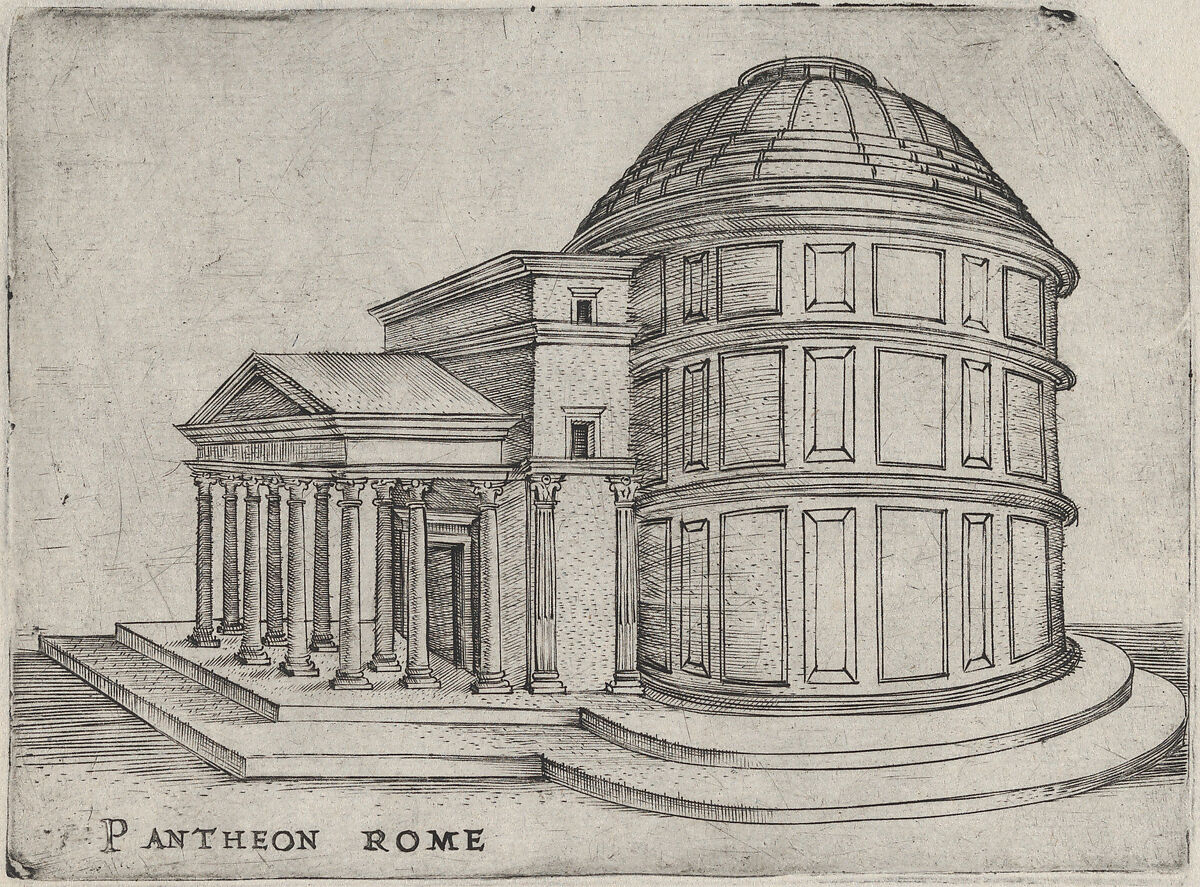 Pantheon Rome, from a Series of 24 Depicting (Reconstructed) Buildings from Roman Antiquity, Anonymous, Italian, 16th century, Engraving 