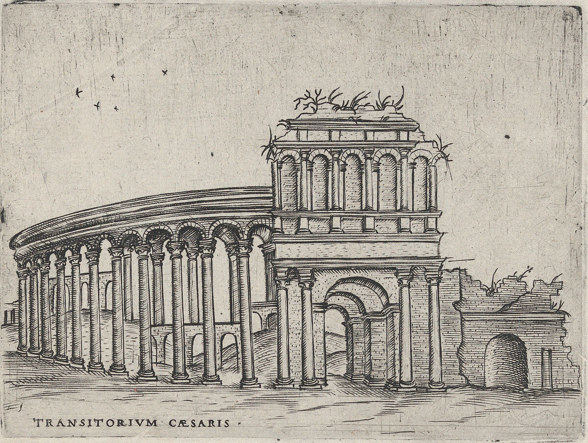 Transitorium Caesaris [formerly Teatrum Bordeos], from a Series of 24 Depicting (Reconstructed) Buildings from Roman Antiquity, Anonymous, Italian, 16th century, Engraving 