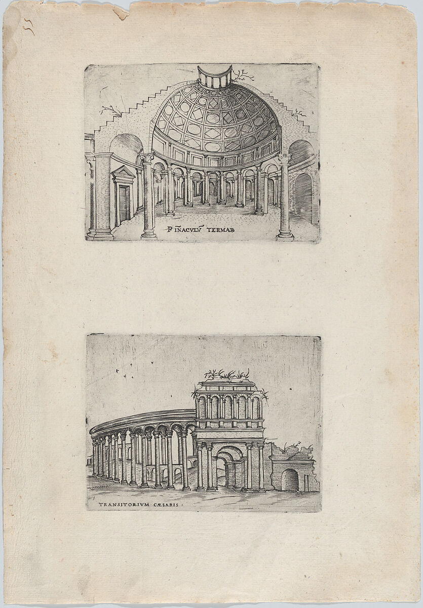 Transitorium Caesaris [formerly Teatrum Bordeos], from a Series of 24 Depicting (Reconstructed) Buildings from Roman Antiquity, Anonymous, Italian, 16th century, Engraving