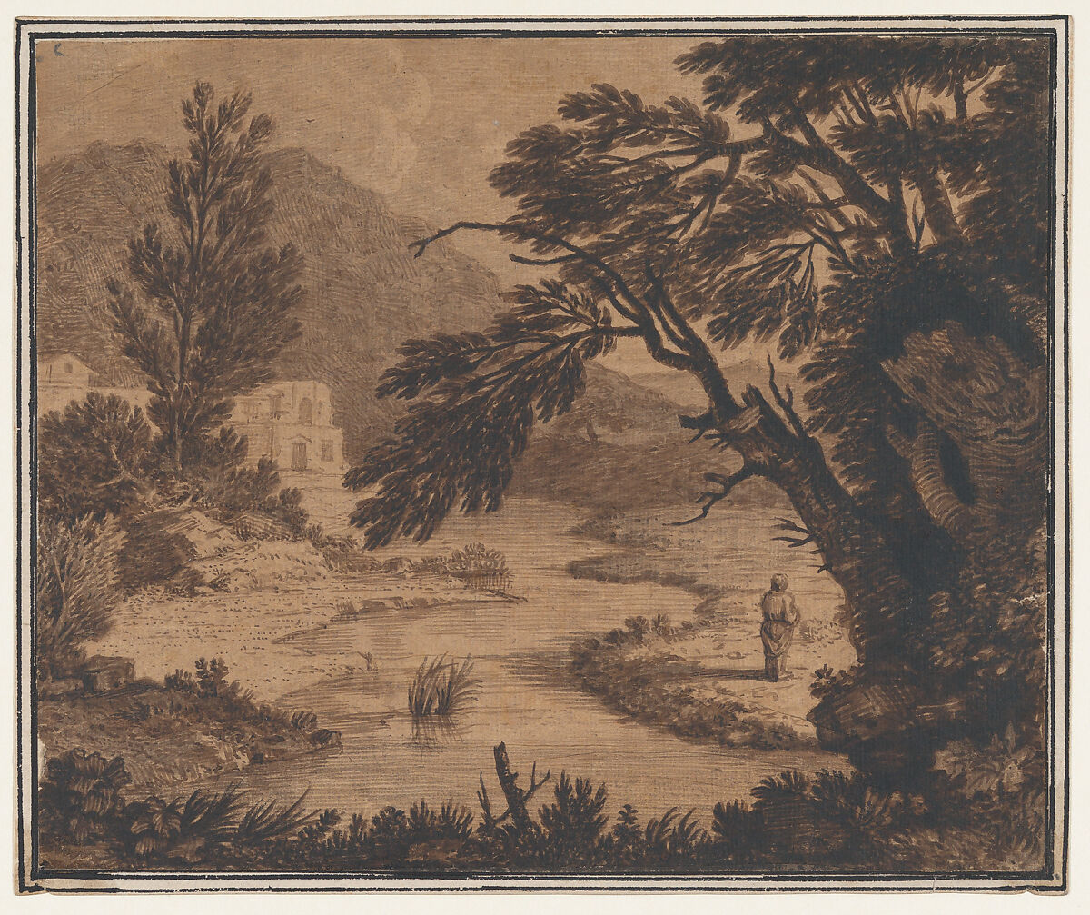 Figure in a classical landscape, Alexander Cozens (British, Russia 1717–1786 London), Brush and brown inks; laid down on original paper mount with double border line in black ink 