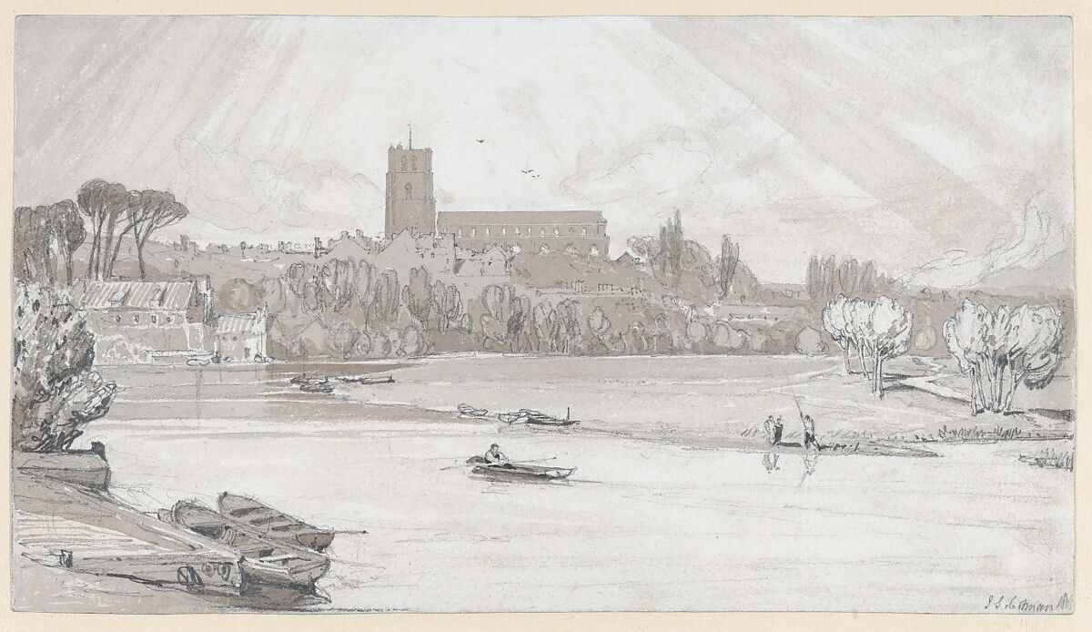 The Town of Beccles from the Bridge, Suffolk, John Sell Cotman (British, Norwich 1782–1842 London), Pen and brown pen, brush and wash, over graphite 