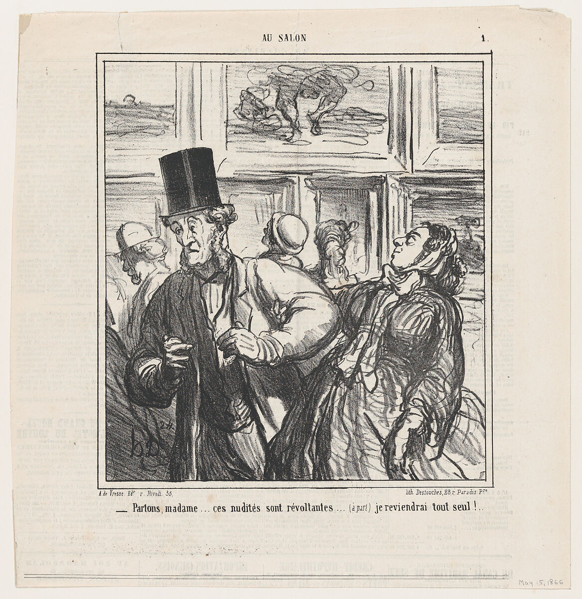 Let's leave Madame... these nudes are revolting... (aside) I'll come back later., from 'At the Salon,' published in Le Charivari, May 5, 1866, Honoré Daumier (French, Marseilles 1808–1879 Valmondois), Lithograph on newsprint; second state of two (Delteil) 