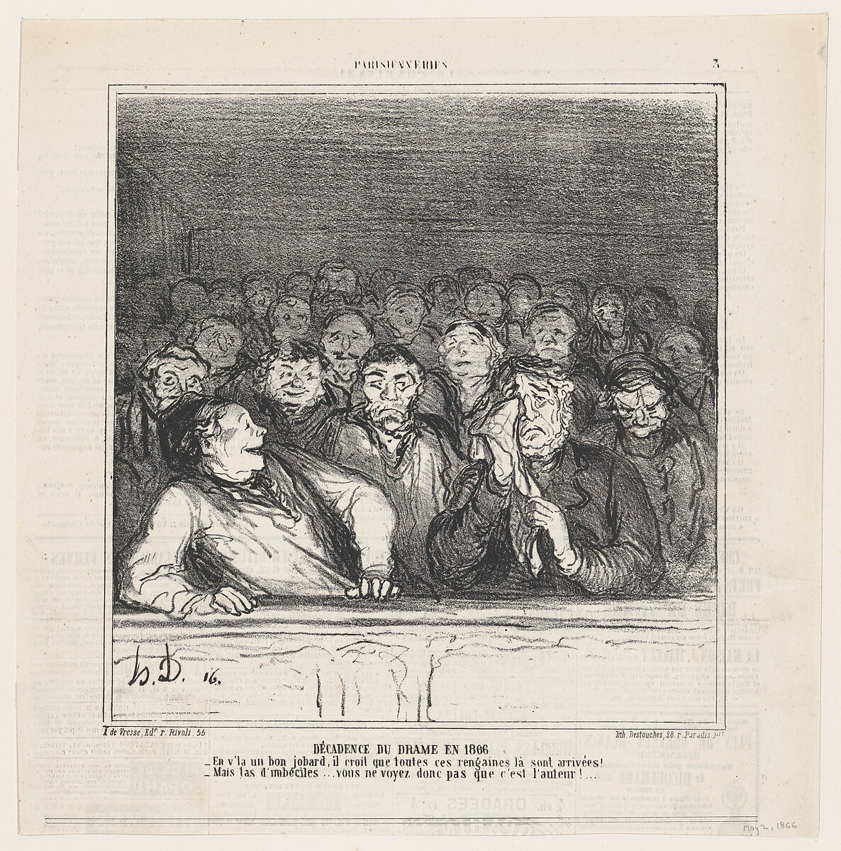 The decline of the drama in 1866, from 'Parisian habits,' published in Le Charivari, May 2, 1866, Honoré Daumier (French, Marseilles 1808–1879 Valmondois), Lithograph on newsprint; second state of two (Delteil) 