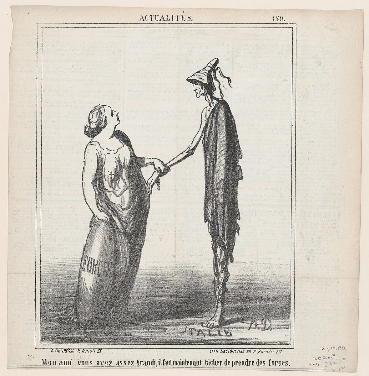 My friend, you are tall enough; but now you must try to put on some weight!, from 'News of the day,' published in Le Charivari, August 29, 1866, Honoré Daumier (French, Marseilles 1808–1879 Valmondois), Lithograph on newsprint; second state of two (Delteil) 