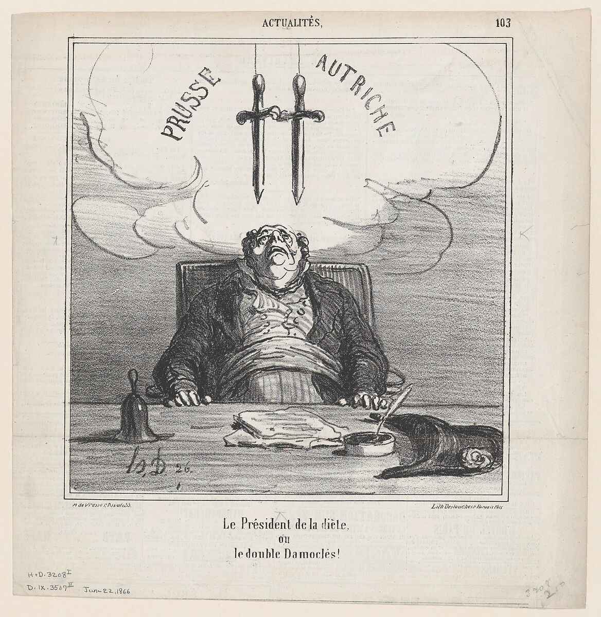 The president of the federal diet or the double sword of Damocles, from 'News of the day,' published in Le Charivari, June 22, 1866, Honoré Daumier (French, Marseilles 1808–1879 Valmondois), Lithograph on newsprint; second state of three (Delteil) 