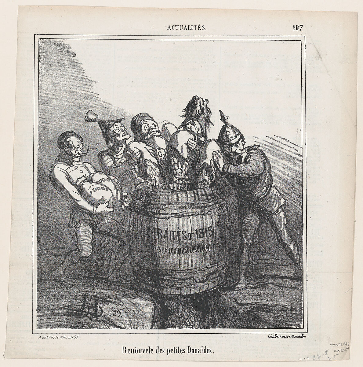 Revival of the little Danaides, from 'News of the day,' published in Le Charivari, June 26, 1866, Honoré Daumier (French, Marseilles 1808–1879 Valmondois), Lithograph on newsprint; third state of four (Delteil) 