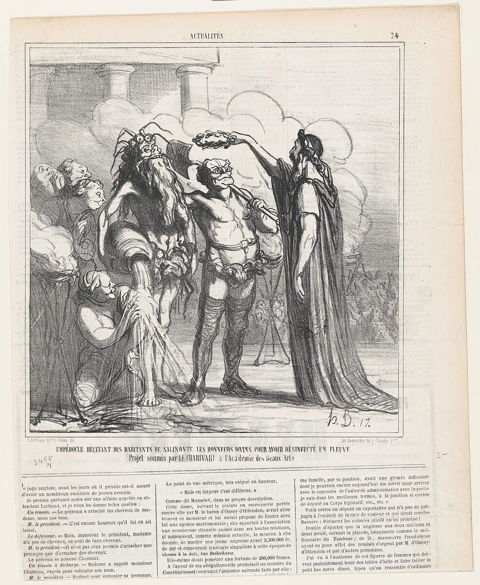 Empedocles receiving the divine honors from the inhabitants of Salinonte for having a river purified: Project proposed b the Charivari to the Academy of Fine Arts, from 'News of the day,' published in Le Charivari, May 1, 1866, Honoré Daumier (French, Marseilles 1808–1879 Valmondois), Lithograph on newsprint 