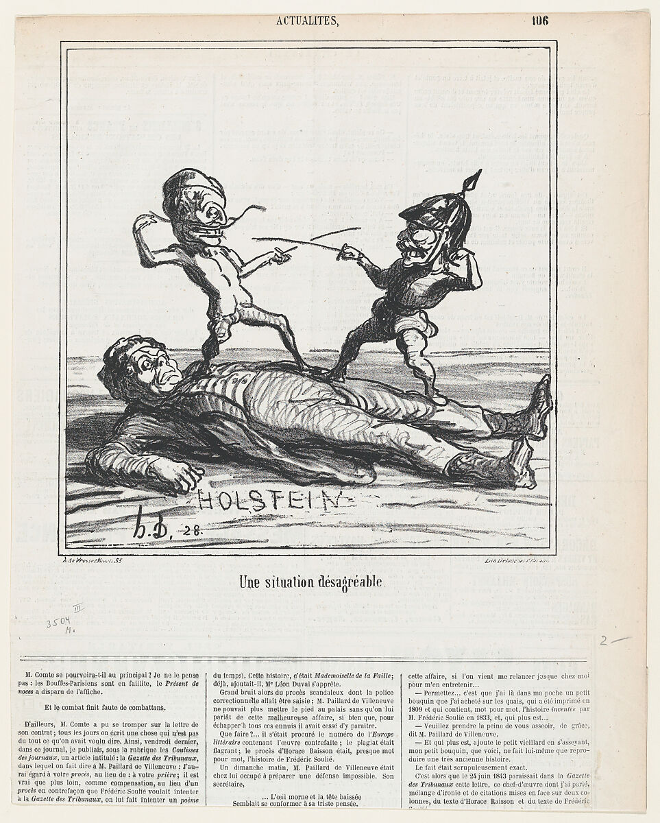 An uncomfortable situation, from 'News of the day,' published in Le Charivari, June 5, 1866, Honoré Daumier (French, Marseilles 1808–1879 Valmondois), Lithograph on newsprint; third state of three (Delteil) 