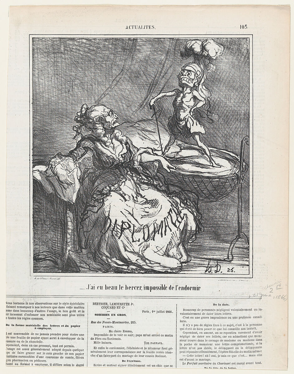 No matter how much I rock him, it is impossible to make him fall asleep, from 'News of the day,' published in Le Charivari, June 21, 1866, Honoré Daumier (French, Marseilles 1808–1879 Valmondois), Lithograph on newsprint; third state of four (Delteil) 