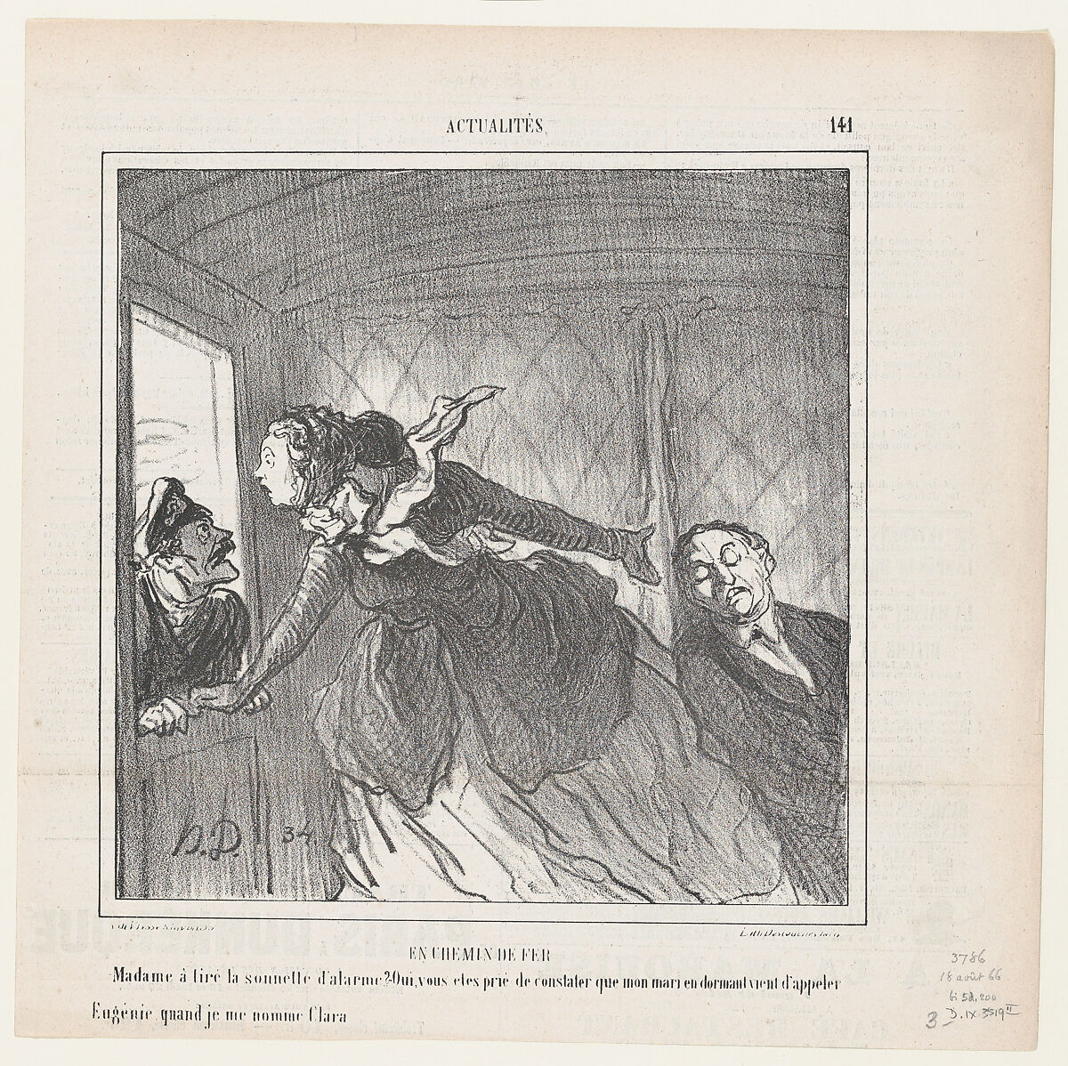 On the railroad, from 'News of the day,' published in Le Charivari, August 18, 1866, Honoré Daumier (French, Marseilles 1808–1879 Valmondois), Lithograph on newsprint; second state of two (Delteil) 