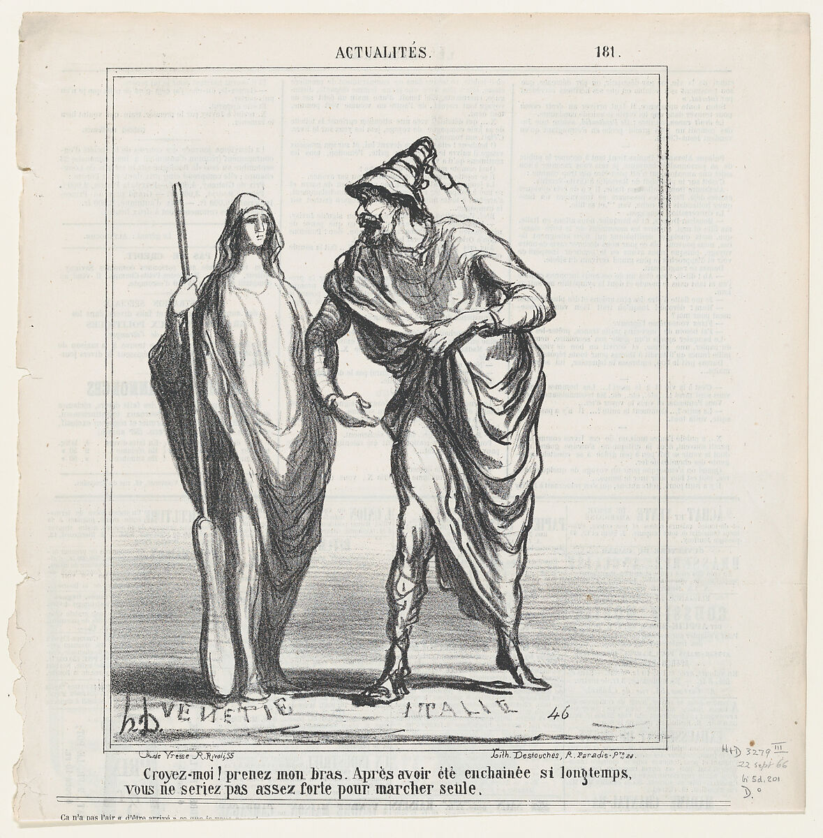 Believe me, take my arm! After having been chained for such a long time you will not be strong enough to walk on your own!, from 'News of the day,' published in Le Charivari, September 22, 1866, Honoré Daumier (French, Marseilles 1808–1879 Valmondois), Lithograph on newsprint; third state of three (Hazard & Delteil) 