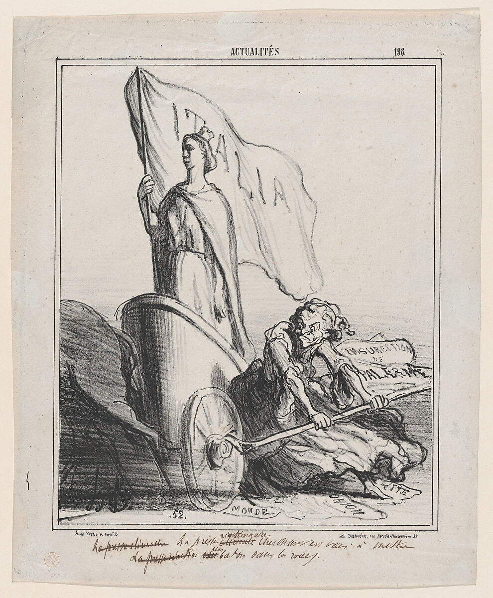 The reactionary press, trying in vain to jam the wheels, from 'News of the day,' published in "Le Charivari", Honoré Daumier (French, Marseilles 1808–1879 Valmondois), Lithograph and pen and brown ink on wove paper; second state of three, proof (Delteil) 