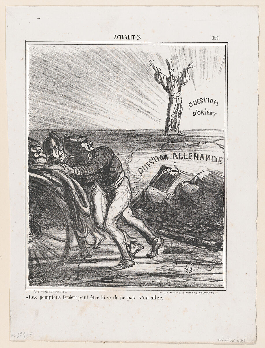 Maybe the firemen really shouldn't leave just yet, from 'News of the day,' published in "Le Charivari", Honoré Daumier (French, Marseilles 1808–1879 Valmondois), Lithograph on wove paper; third state of three (Delteil) 