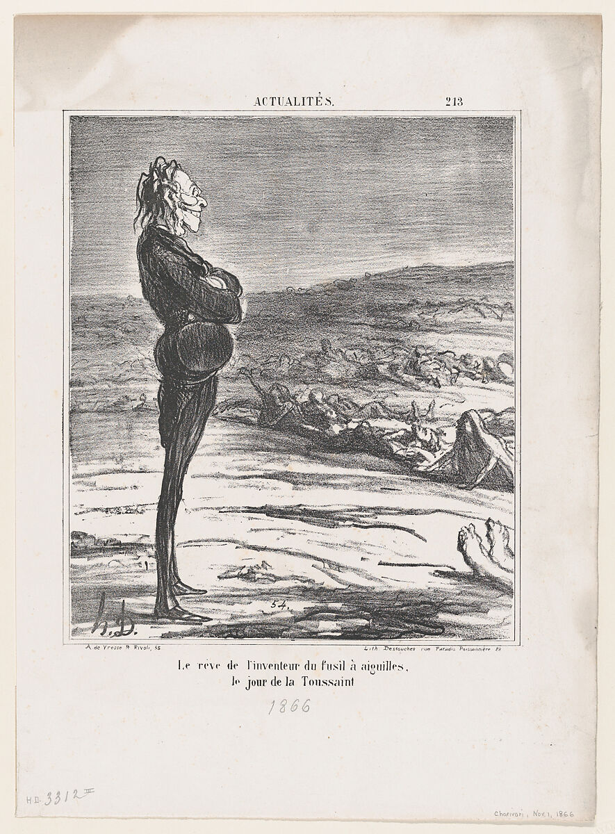 The dream of the inventor of the pin-gun on All Saints' Day, from 'News of the day,' published in "Le Charivari", Honoré Daumier (French, Marseilles 1808–1879 Valmondois), Lithograph on wove paper; third state of three (Delteil) 