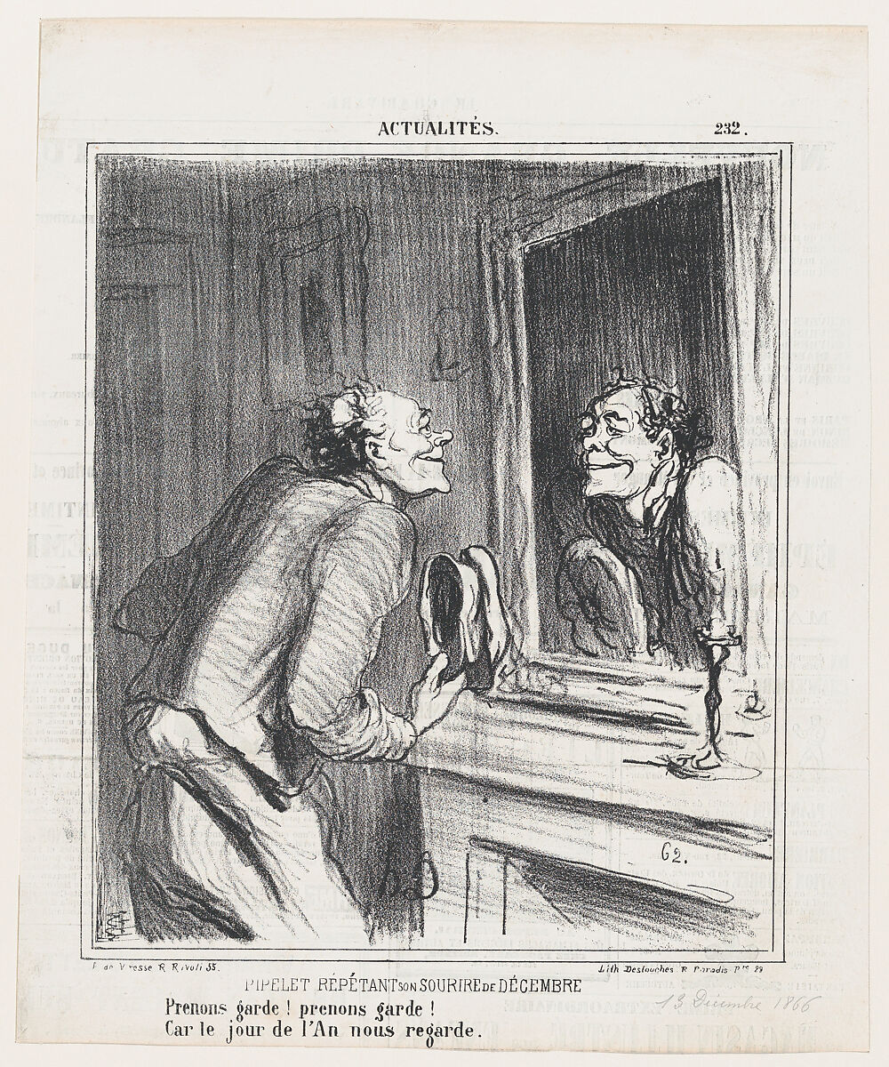 The concierge rehearsing his December smile: Take care! take care! For New Year's Day is approaching!, from 'News of the day,' published in Le Charivari, December 13, 1866, Honoré Daumier (French, Marseilles 1808–1879 Valmondois), Lithograph on newsprint; second state of two (Delteil) 