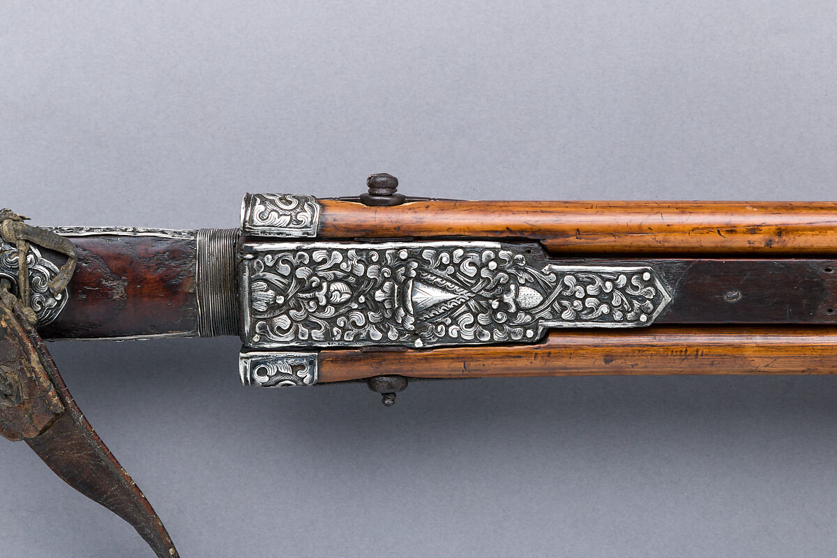 Matchlock Musket (<i>me mda'</i>), Iron, silver, wood, horn, leather, textile, Tibetan
