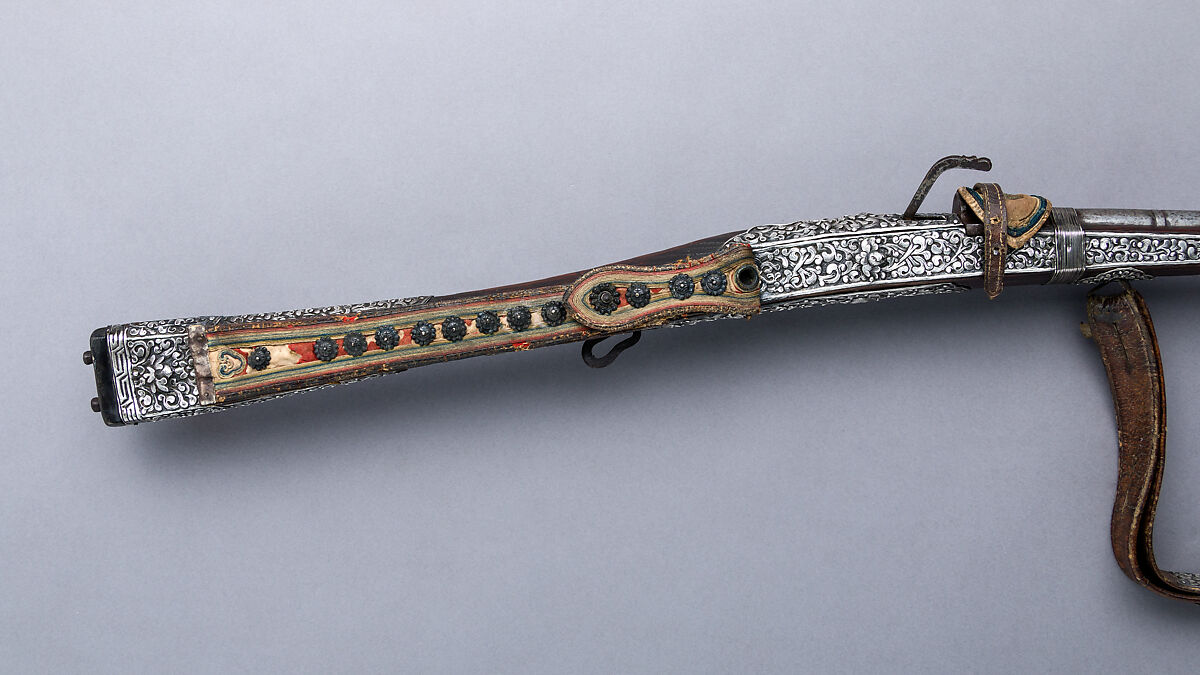 Matchlock Musket (<i>me mda'</i>), Iron, silver, wood, horn, leather, textile, Tibetan