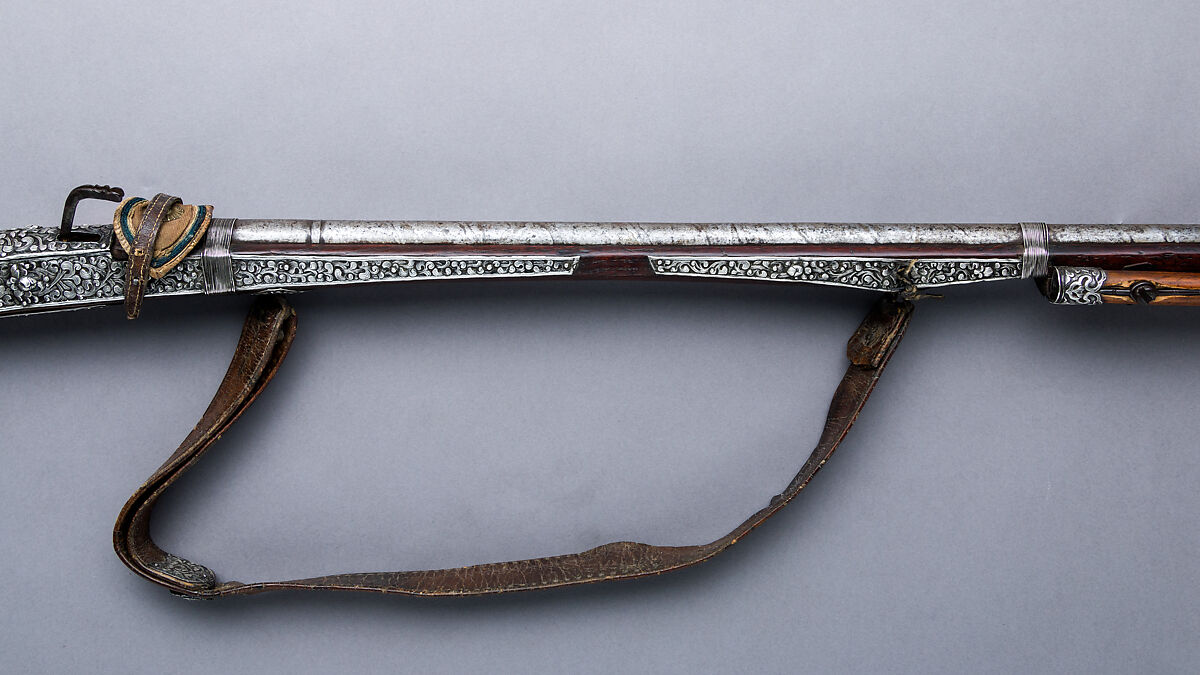 Matchlock Musket (<i>me mda'</i>), Iron, silver, wood, horn, leather, textile, Tibetan