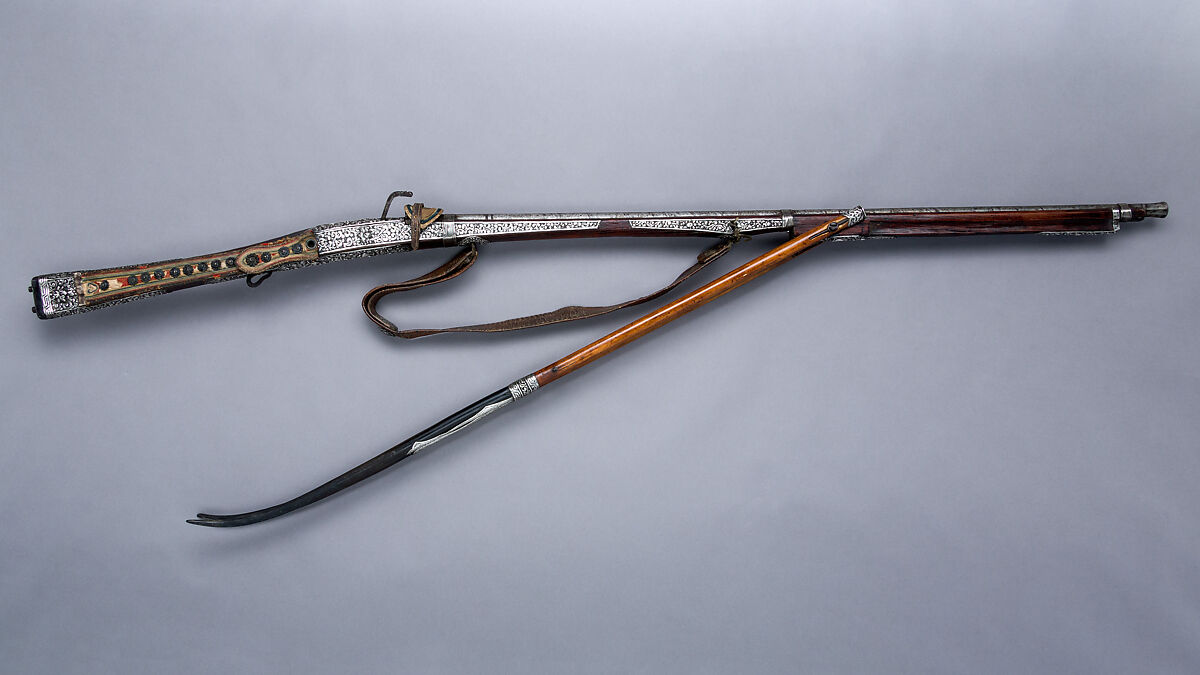 Matchlock Musket (<i>me mda'</i>), Iron, silver, wood, horn, leather, textile, Tibetan 