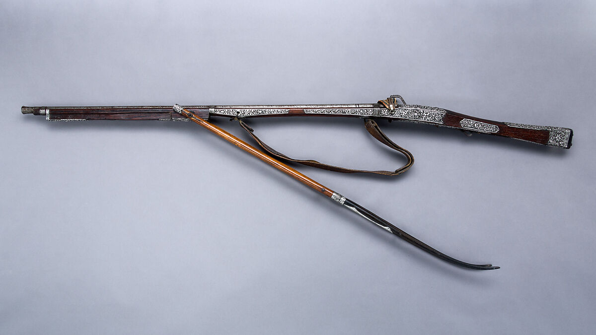 Matchlock Musket (<i>me mda'</i>), Iron, silver, wood, horn, leather, textile, Tibetan