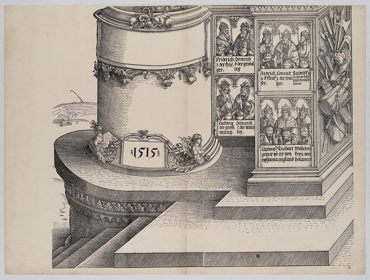 Portraits of Maximilian's Relatives; and the Base of the Left Outer Column with the Date 1515, from the Arch of Honor, proof, dated 1515, printed 1517-18, Albrecht Altdorfer (German, Regensburg ca. 1480–1538 Regensburg), Woodcut and letterpress 