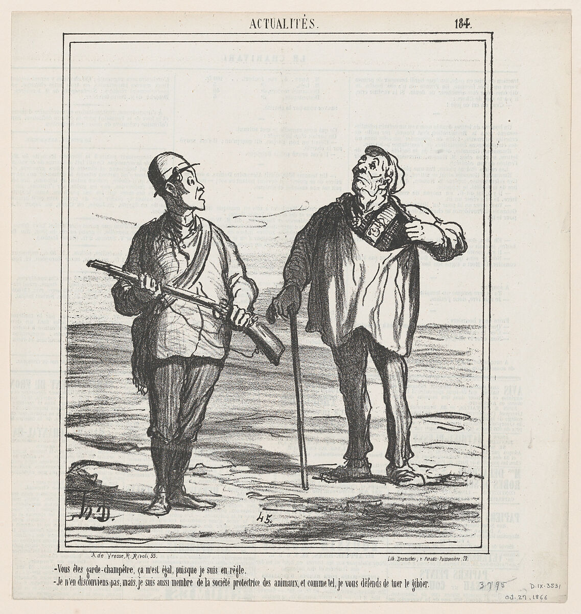 You are a warden, it is all right for me since I have a license, from 'News of the day,' published in Le Charivari, October 27, 1866, Honoré Daumier (French, Marseilles 1808–1879 Valmondois), Lithograph on newsprint; second state of two (Delteil) 