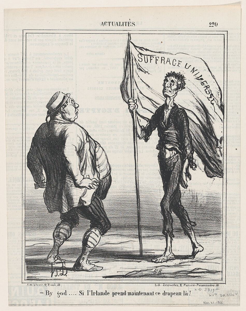 By God! If Ireland should really wave this flag now!, from 'News of the day,' published in Le Charivari, November 21, 1866, Honoré Daumier (French, Marseilles 1808–1879 Valmondois), Lithograph on newsprint; fourth state of four (Delteil) 