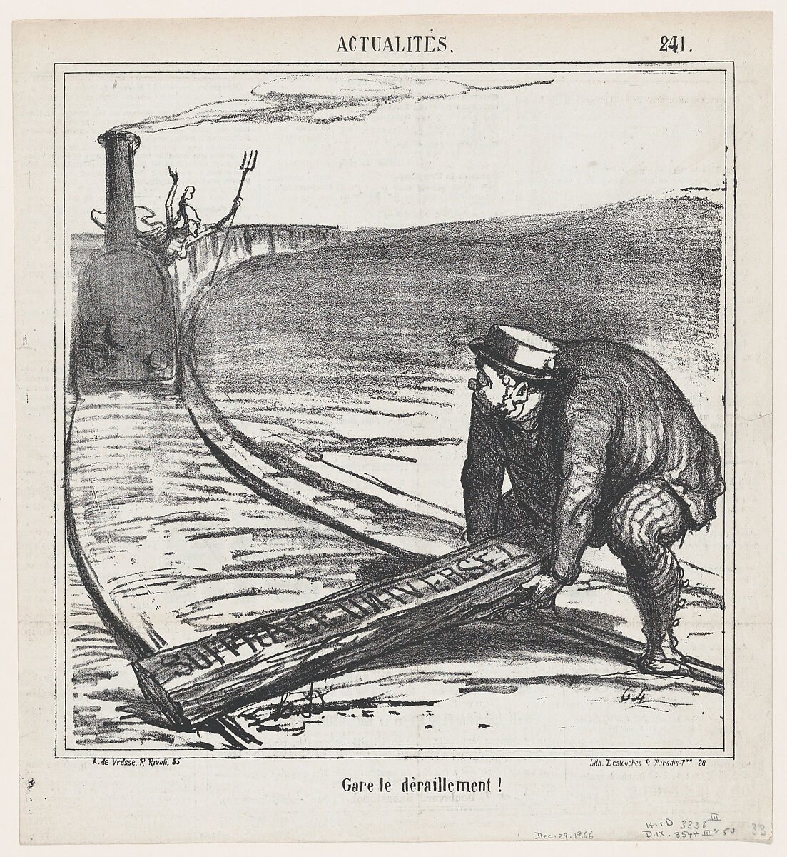 Beware of derailment!, from 'News of the day,' published in Le Charivari, December 29, 1866, Honoré Daumier (French, Marseilles 1808–1879 Valmondois), Lithograph on newsprint; third state of three (Delteil) 