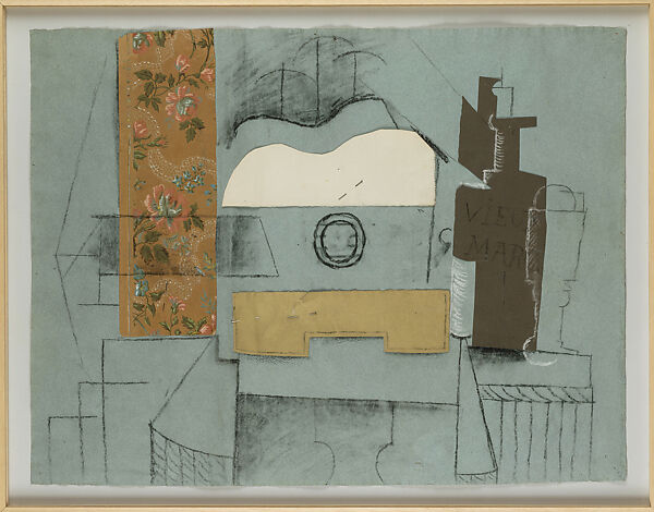 Guitar, Glass, Bottle of Vieux Marc, Pablo Picasso (Spanish, Malaga 1881–1973 Mougins, France), Chalk, charcoal, cut-and-pasted printed wallpaper, laid and wove papers, and straight pins on blue laid paper 