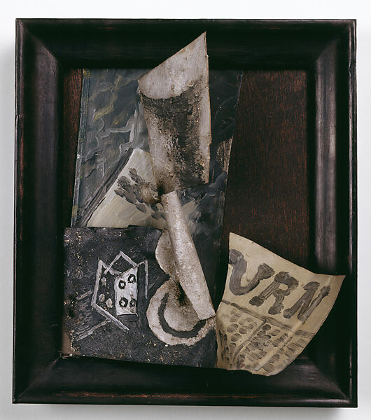 Glass, Newspaper, and Die, Pablo Picasso (Spanish, Malaga 1881–1973 Mougins, France), Painted relief with tin, sand, iron wire with reconstituted wood background and frame 