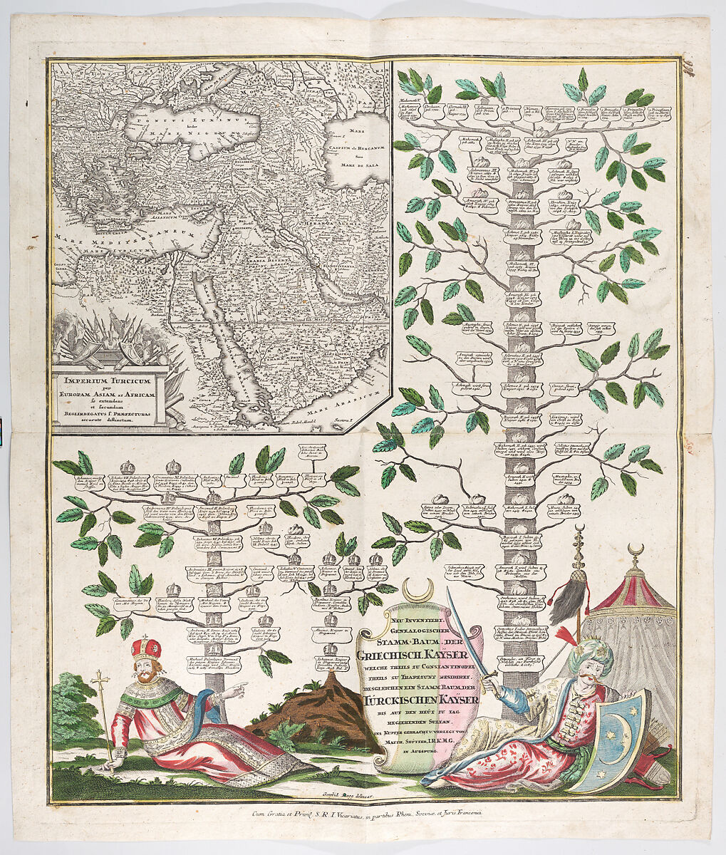 Neu inventiert genealogischer Stamm-Baum der Griechisch Kayser... desgleichen ein Stamm-Baum der Türckischen Kayser (A newly invented genealogical tree of the last Byzantine emperor...as well as one of the Turkish sultan), Gottfried Rogg (German, 1669–1742), Engraving 