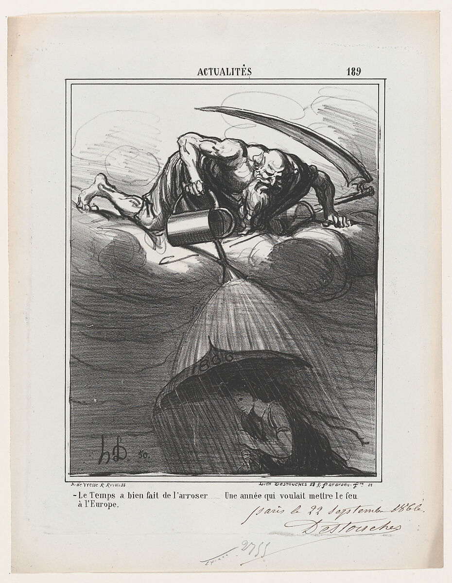 Thank God for the rain... especially since Europe was almost set on fire, from 'News of the day,' published in Le Charivari, October 8, 1866, Honoré Daumier (French, Marseilles 1808–1879 Valmondois), Lithograph and pen and brown ink on newsprint; third state of three (proof) 