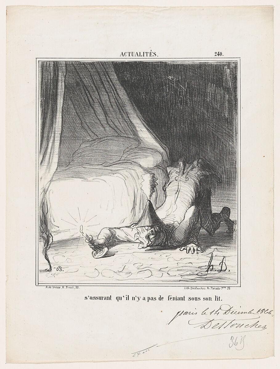 Making sure that there is no Fenian under his bed, from 'News of the day,' published in Le Charivari, December 21, 1866, Honoré Daumier (French, Marseilles 1808–1879 Valmondois), Lithograph and pen and brown ink on newsprint; second state of two (proof) 