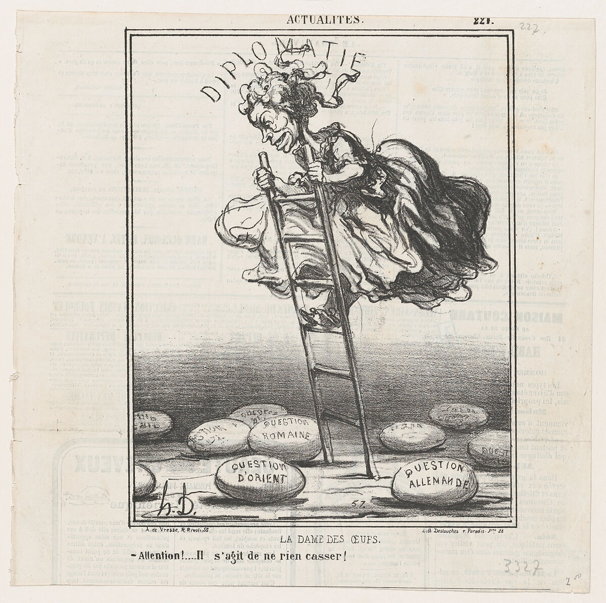 The lady of the eggs: Watch out! It's important not to break any of them!, from 'News of the day,' published in "Le Charivari", Honoré Daumier (French, Marseilles 1808–1879 Valmondois), Lithograph on newsprint; second state of two (Delteil) 