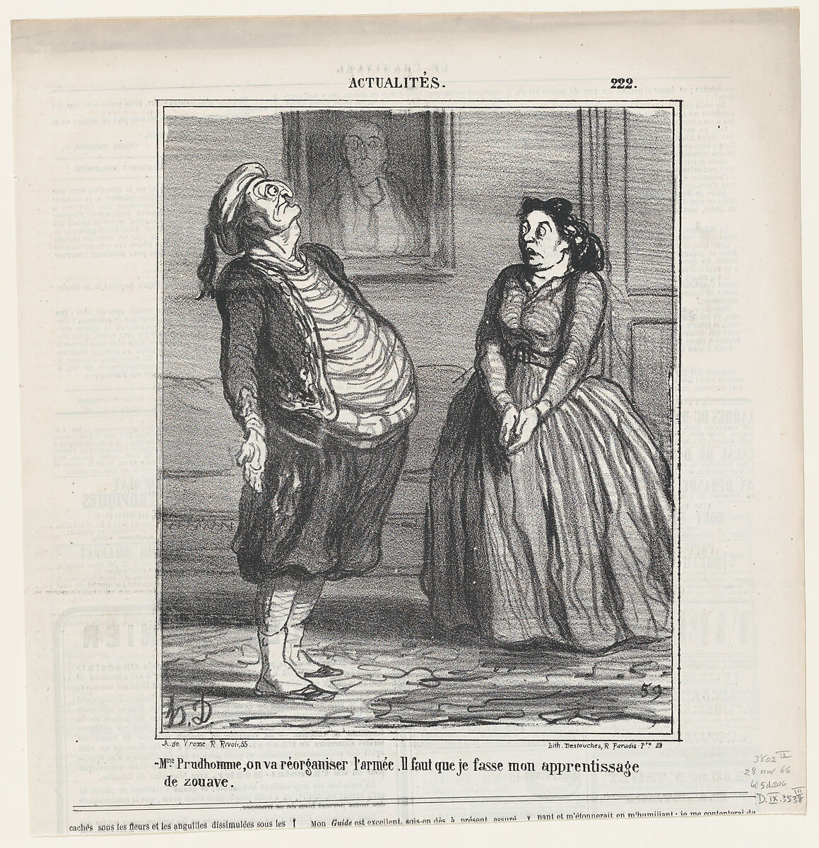 Madame Prudhomme, they are reorganizing the army. It is only right that I serve my duty as a Zouave, from 'News of the day,' published in Le Charivari, November 28, 1866, Honoré Daumier (French, Marseilles 1808–1879 Valmondois), Lithograph on newsprint; third state of three (Delteil) 