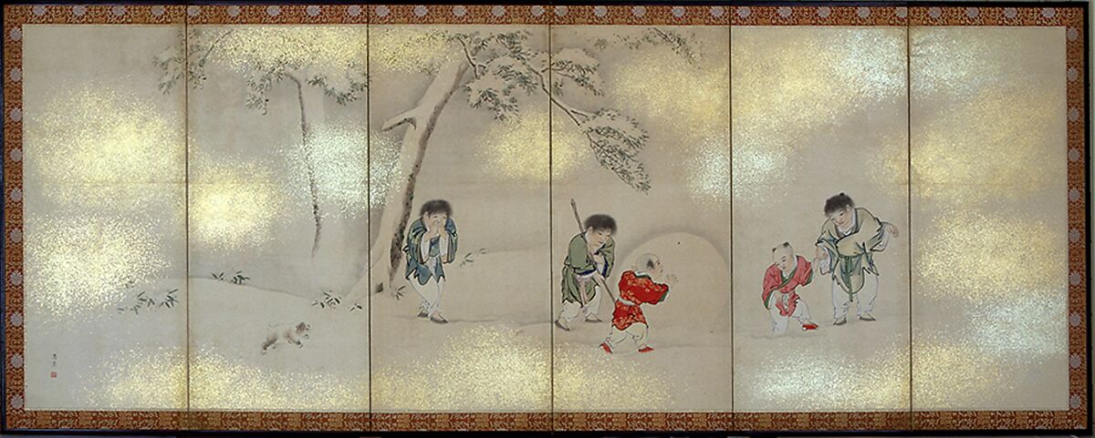 Children Playing in Summer and Winter, Maruyama Ōshin (Japanese, 1790–1838), Pair of six-panel folding screens; ink, color, and gold on paper, Japan