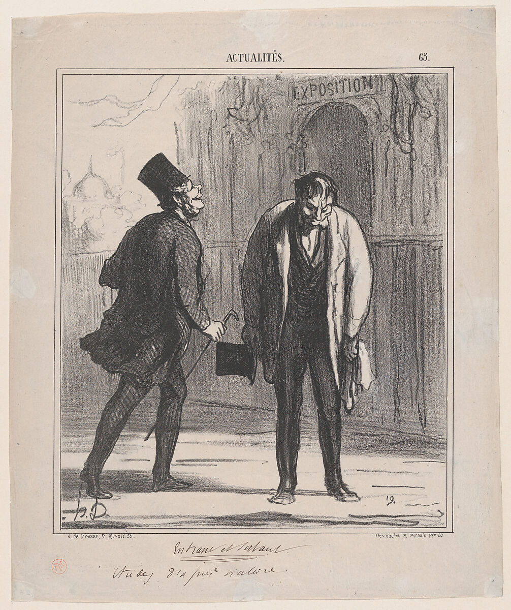 Entering and leaving the exhibition: Studies from life, from 'News of the day,' published in "Le Charivari", Honoré Daumier (French, Marseilles 1808–1879 Valmondois), Lithograph and pen and brown ink on newsprint; third state of three, proof (Delteil) 