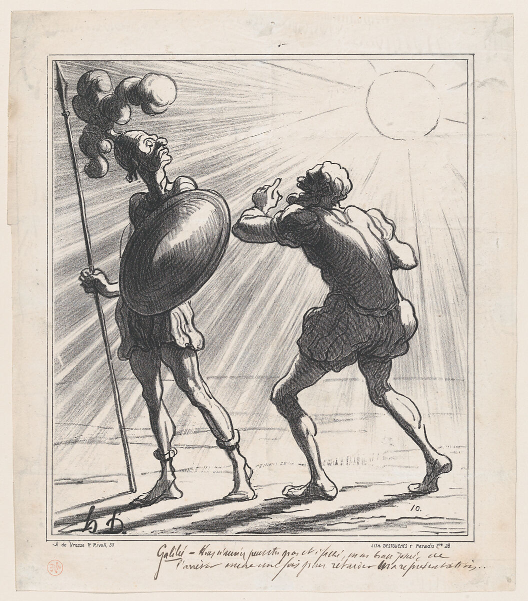 Galileo: You wouldn't be annoyed, my good Joshua, to stop the sun once again for the sake of my show, from 'News of the day,' published in "Le Charivari", Honoré Daumier (French, Marseilles 1808–1879 Valmondois), Lithograph and pen and brown ink on newsprint; third state of three, proof (Delteil) 