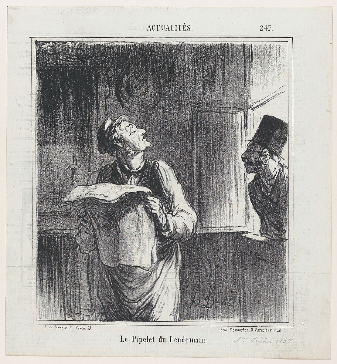 The concierge the day after, from 'News of the day,' published in Le Charivari, January 1, 1867, Honoré Daumier (French, Marseilles 1808–1879 Valmondois), Lithograph on newsprint; second state of two (Delteil) 