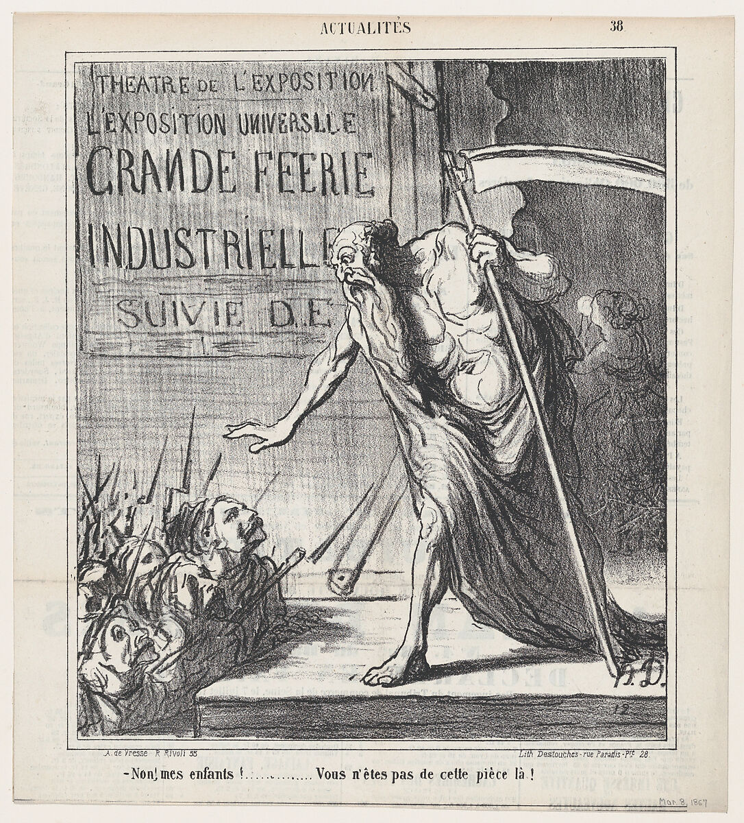 No my children... you are not part of this play here!, from 'News of the day,' published in Le Charivari, March 8, 1867, Honoré Daumier (French, Marseilles 1808–1879 Valmondois), Lithograph on newsprint; second state of two (Delteil) 