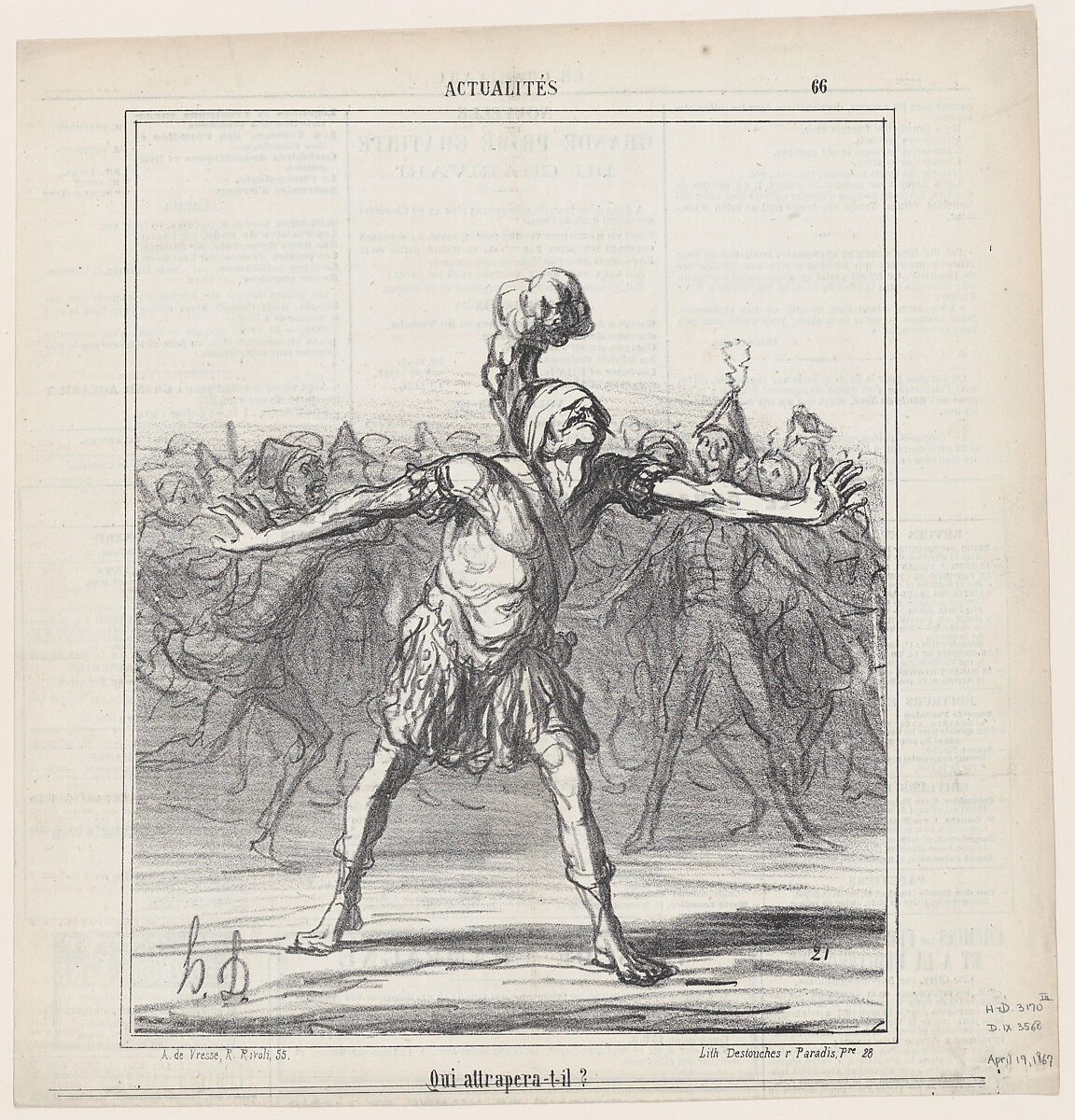 Who will he catch?, from 'News of the day,' published in Le Charivari, April 19, 1867, Honoré Daumier (French, Marseilles 1808–1879 Valmondois), Lithograph on newsprint; third state of three (Delteil) 