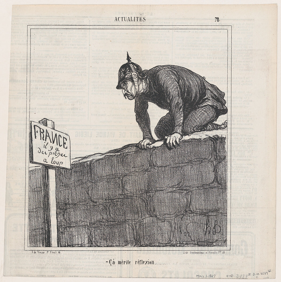 This requires some thought, from 'News of the day,' published in Le Charivari, May 1, 1867, Honoré Daumier (French, Marseilles 1808–1879 Valmondois), Lithograph on newsprint; fourth state of four (Delteil) 