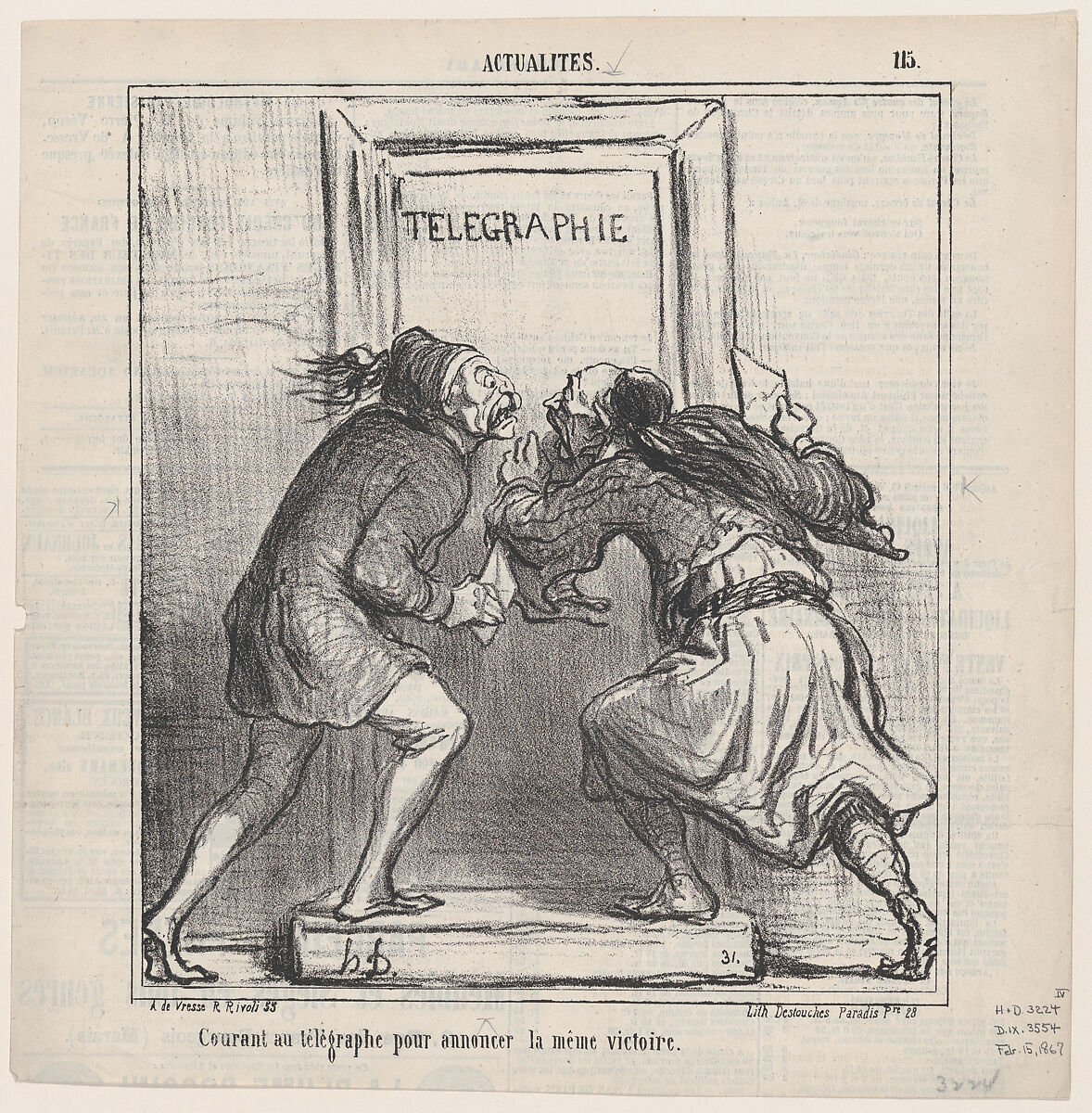 Both running to the telegraph office to announce the same victory, from 'News of the day,' published in Le Charivari, February 14, 1867, Honoré Daumier (French, Marseilles 1808–1879 Valmondois), Lithograph on newsprint; fourth state of five (Delteil) 