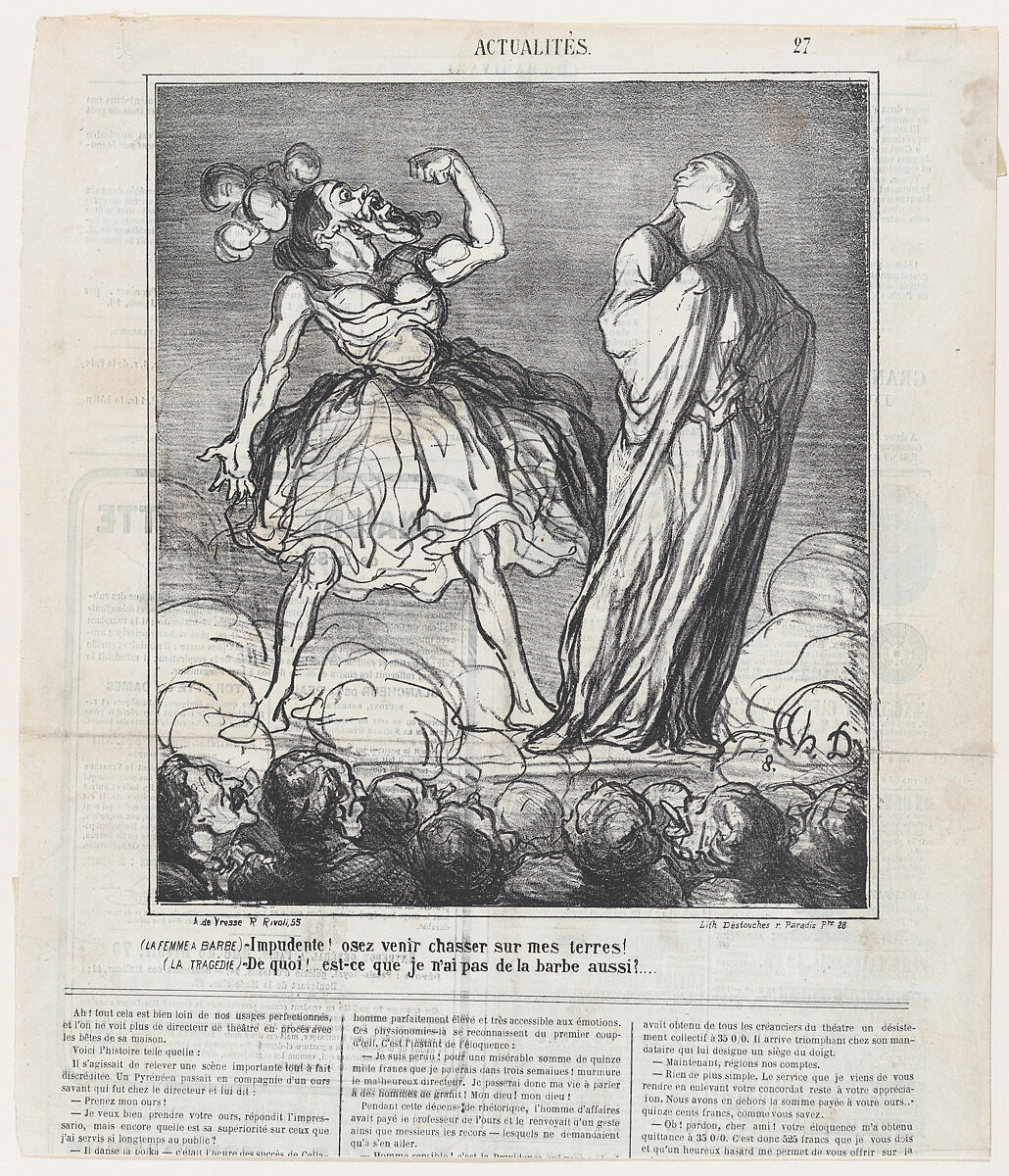 The bearded lady: Imprudent woman! You dare hunt on my territory! Tragedy: What! Don't I have a beard as well?, from 'News of the day,' published in Le Charivari, February 16, 1867, Honoré Daumier (French, Marseilles 1808–1879 Valmondois), Lithograph on newsprint; second state of two (Deltiel) 