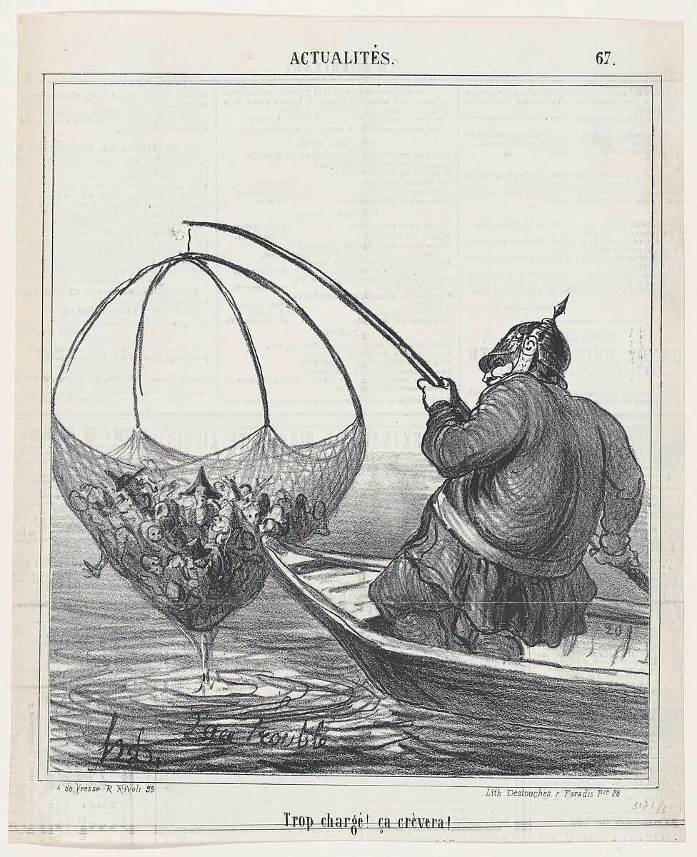 Overloaded! It is going to burst!, from 'News of the day,' published in "Le Charivari", Honoré Daumier (French, Marseilles 1808–1879 Valmondois), Lithograph on newsprint; third state of three (Delteil) 
