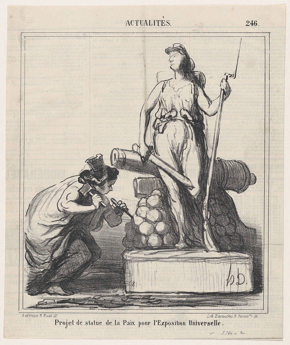 Project for the statue of peace at the Universal Exposition, from 'News of the day,' published in "Le Charivari", Honoré Daumier (French, Marseilles 1808–1879 Valmondois), Lithograph on newsprint; second state of two (Delteil) 