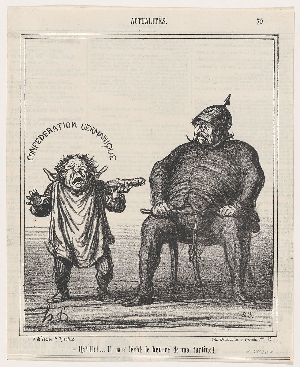 Hi! Hi! he licked the butter off my bread!, from 'News of the day,' published in "Le Charivari", Honoré Daumier (French, Marseilles 1808–1879 Valmondois), Lithograph on newsprint; third state of three (Delteil) 