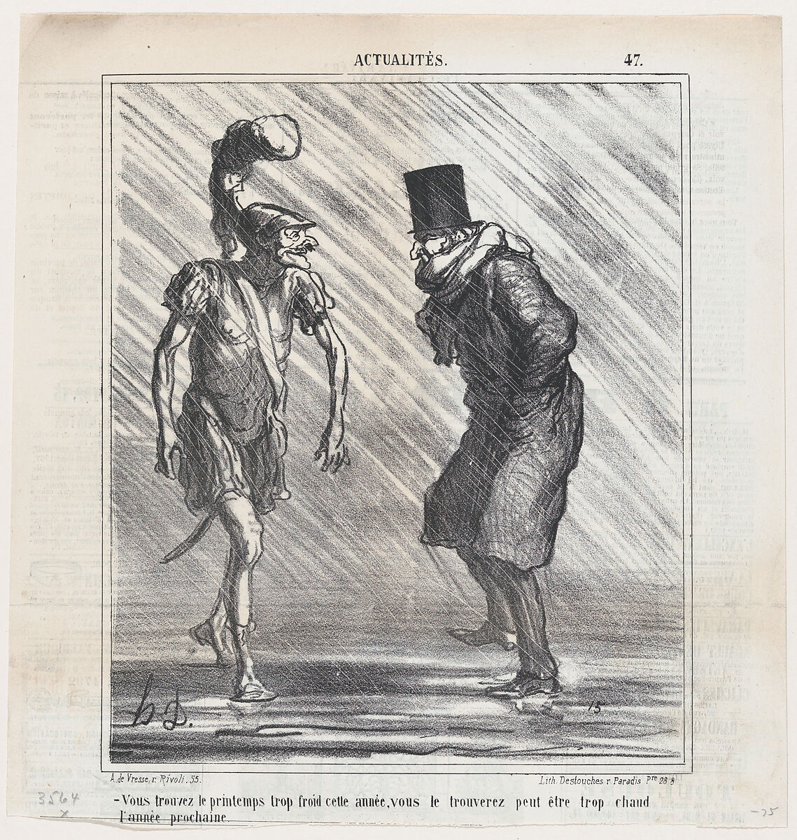 You find spring too cold this year... next year you will perhaps find it too hot, from "News of the day", Honoré Daumier (French, Marseilles 1808–1879 Valmondois), Lithograph on newsprint; second state of two (Delteil) 