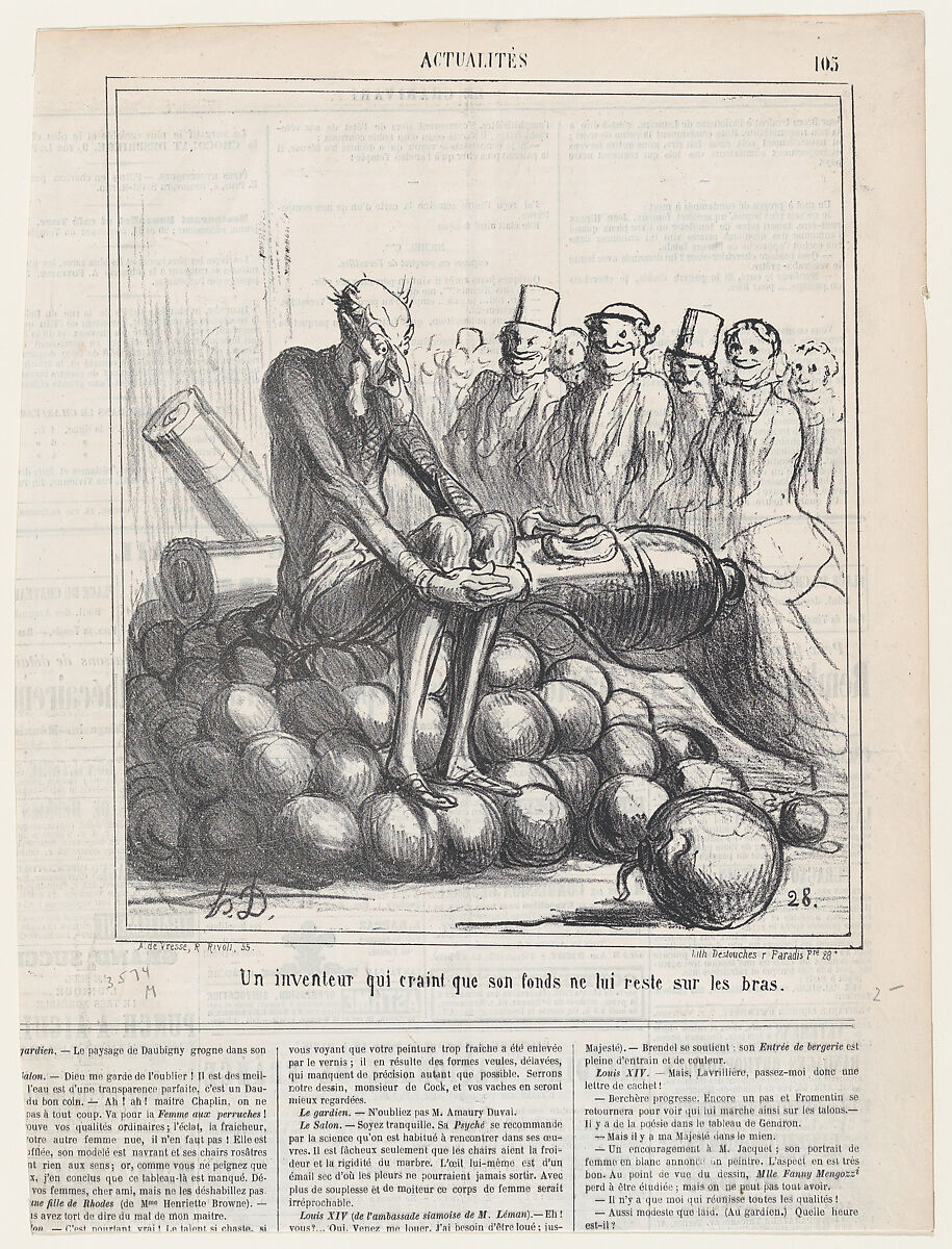 An inventor who is afraid of getting stuck, sitting on his stock, from 'News of the day,' published in Le Charivari, May 31, 1867, Honoré Daumier (French, Marseilles 1808–1879 Valmondois), Lithograph on newsprint; second state of two (Delteil) 